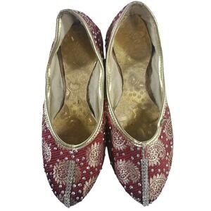 Handmade Indian Jutti Khussa Shoes Red Gold Embroidered Flats Reebok Sole Sz 8